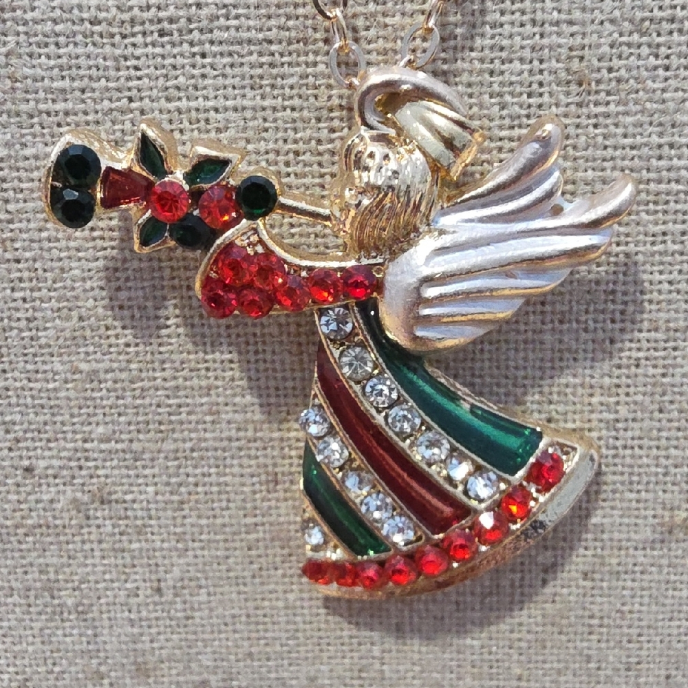 🎄Christmas Gold Angel Pendant with Red and Green SPARKLE😇